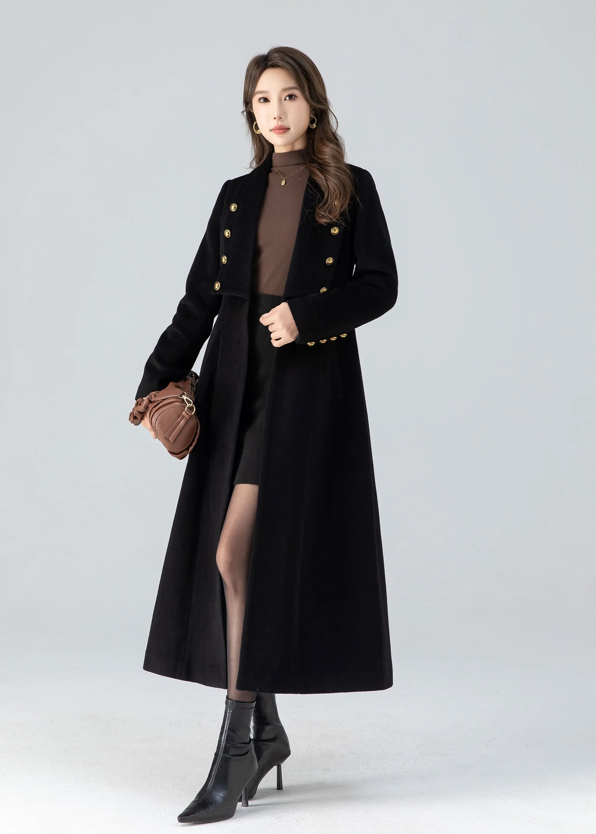 Black winter long wool coat women 4783