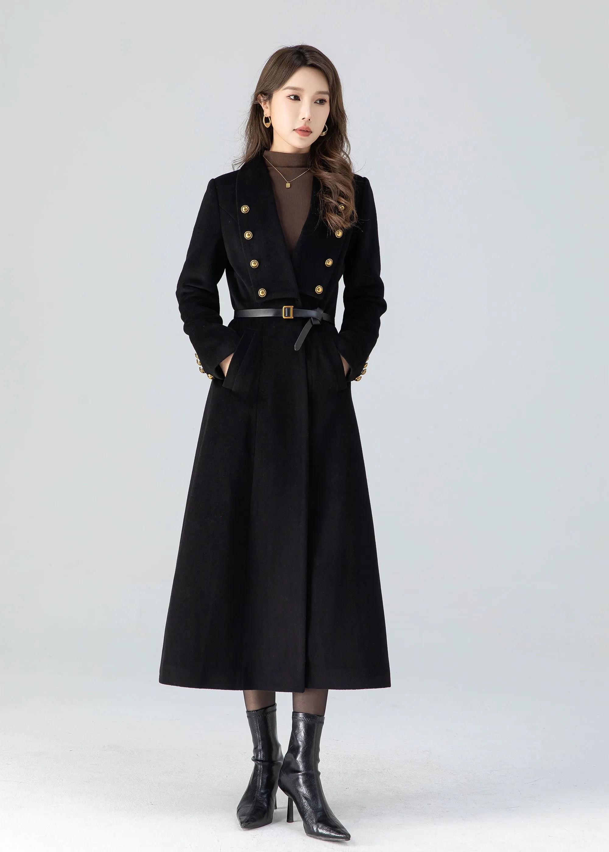 Black winter long wool coat women 4783