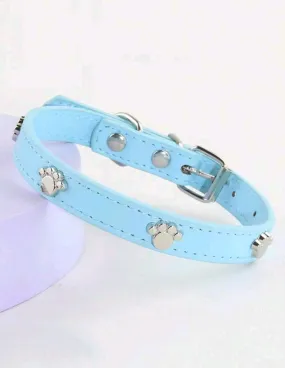 Blue & Silver Paw Print Studded Pet Dog & Cat Collar