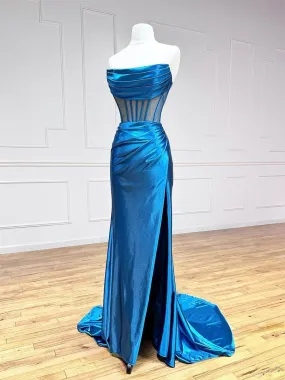 Blue Strapless Pleated Long Prom Dress, Blue Satin Party Dress