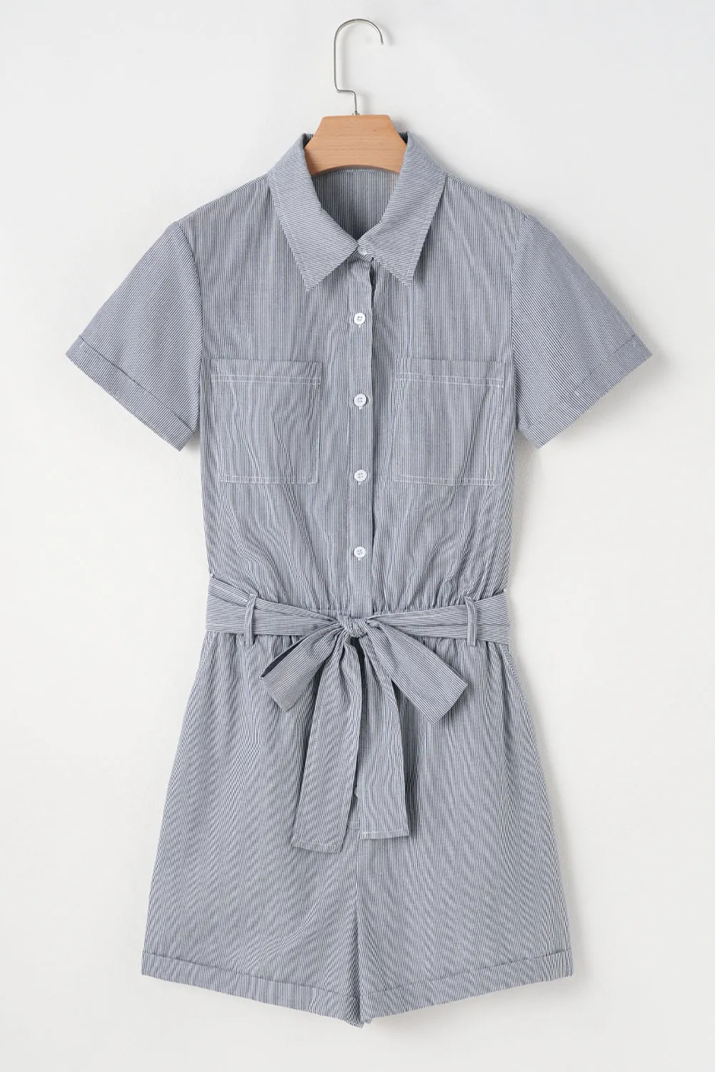 Blue Stripe Chest Pockets Buttoned Belted High Waist Romper