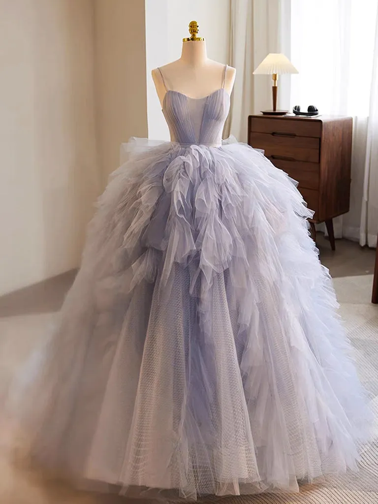 Blue Tulle Long Prom Gown, Blue Tulle Long Sweet 16 Dress