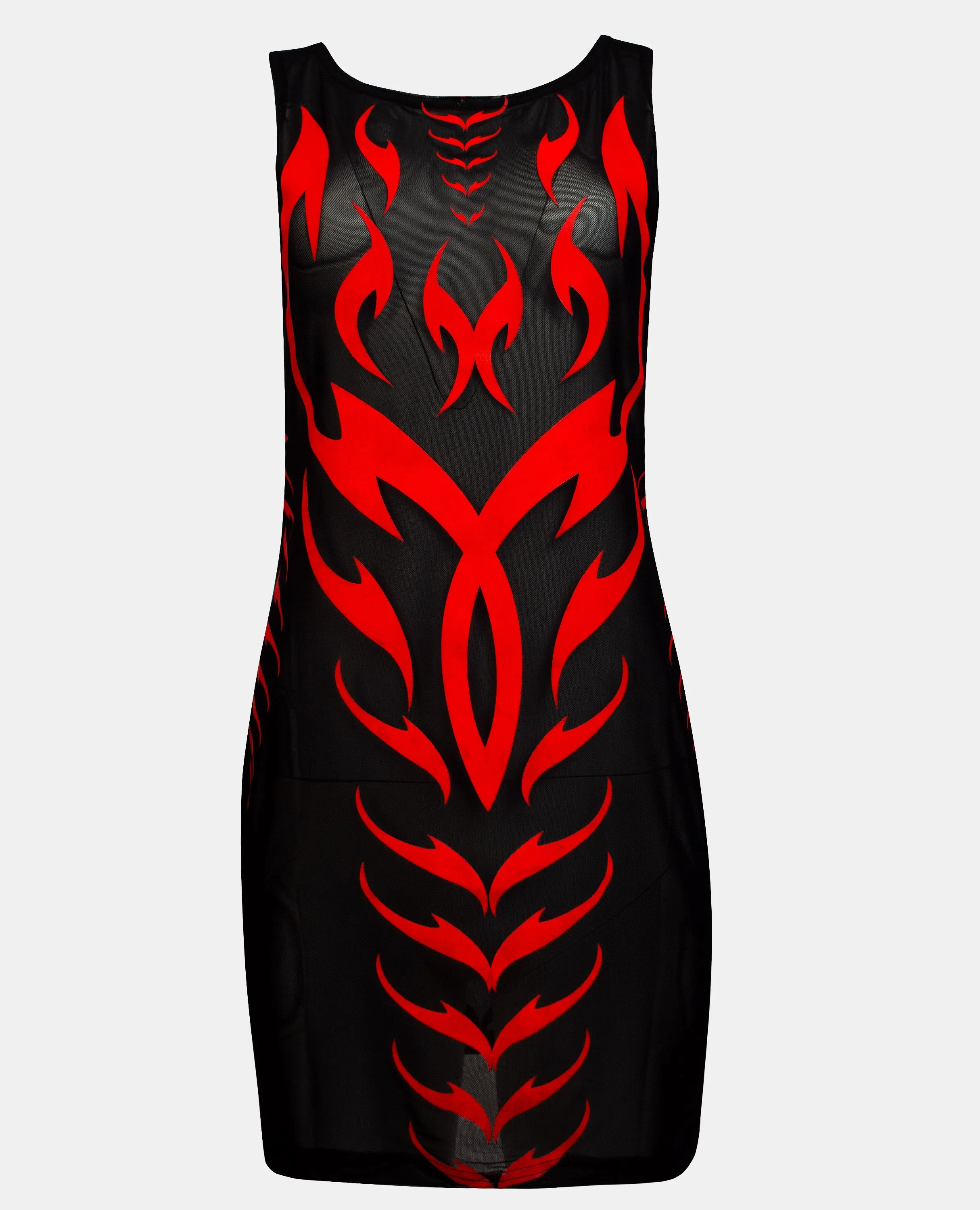 BODYCON MESH DRESS TRIBAL PHOENIX BLACK / RED