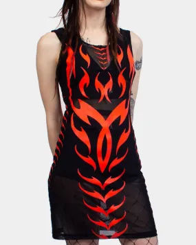 BODYCON MESH DRESS TRIBAL PHOENIX BLACK / RED