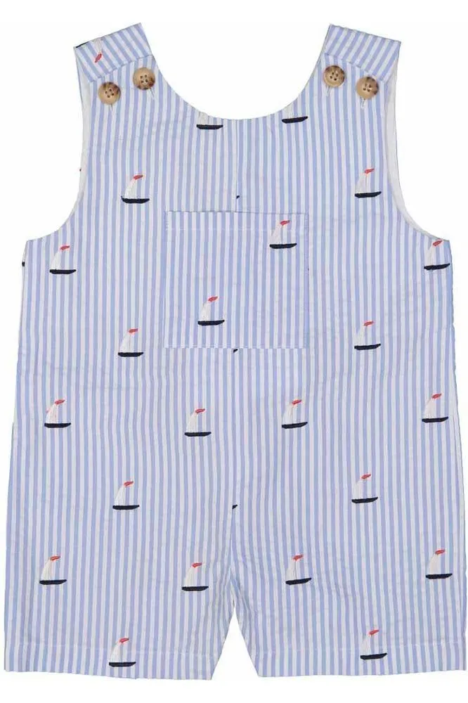 Boys Blue Seersucker Shortall With Sailboats