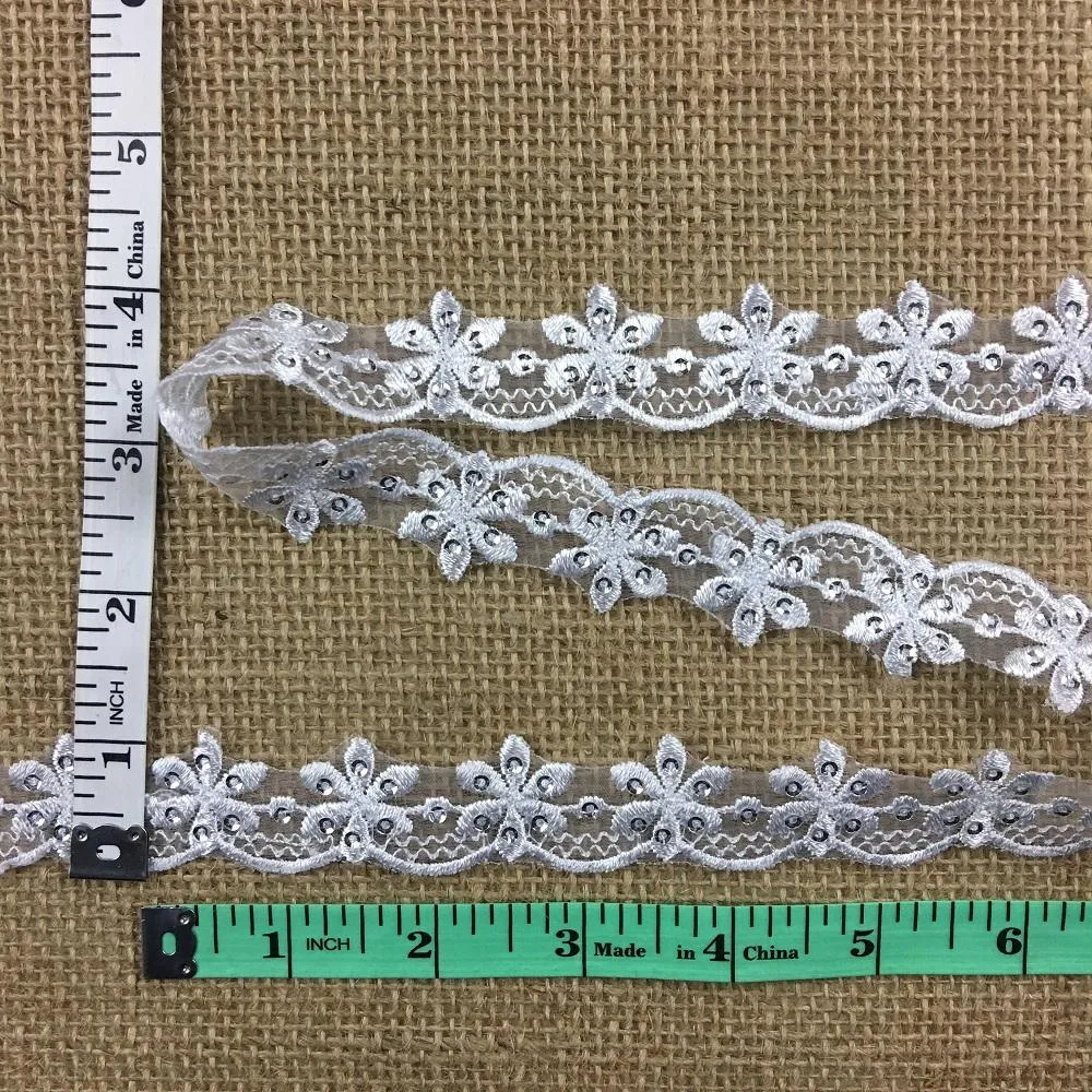 Bridal Trim Lace Embroidered & Silver Sequins Organza Ground, 1" Wide, White, for Bridal Veil Communion Christening Baptism Dress Cape