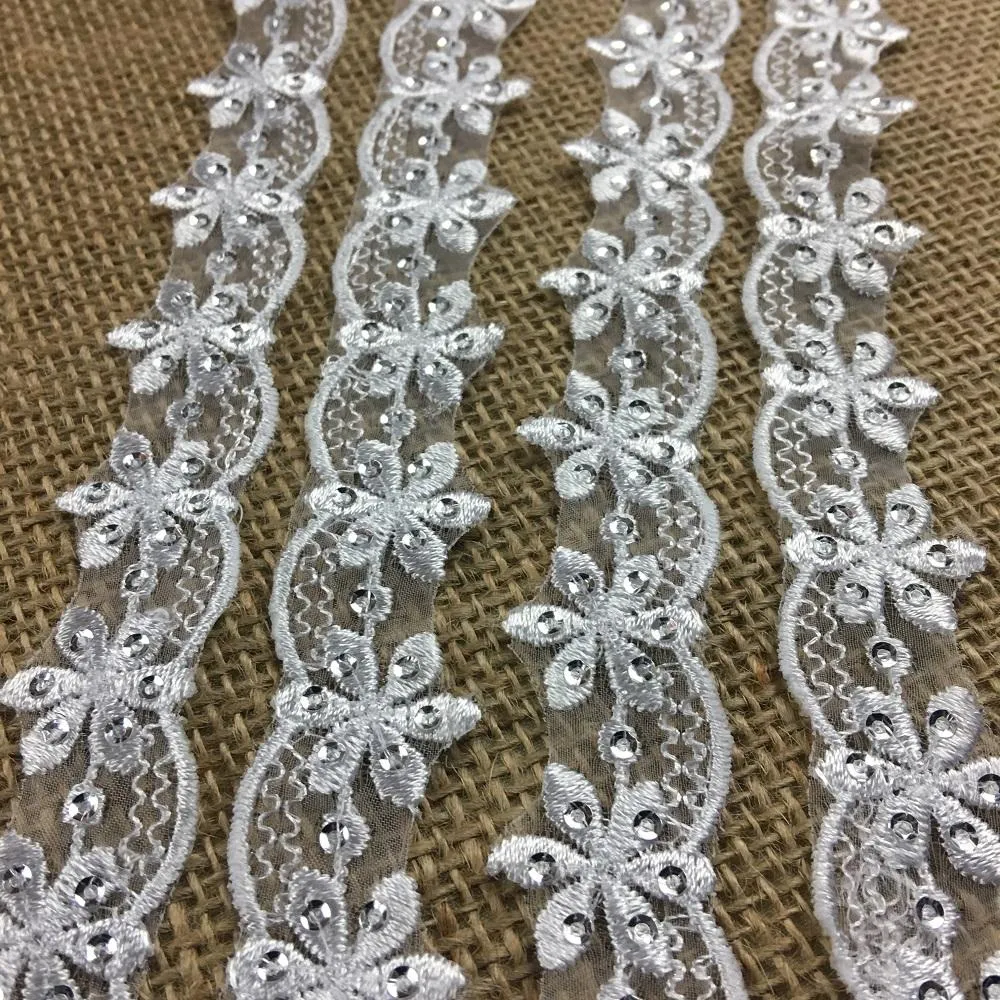 Bridal Trim Lace Embroidered & Silver Sequins Organza Ground, 1" Wide, White, for Bridal Veil Communion Christening Baptism Dress Cape