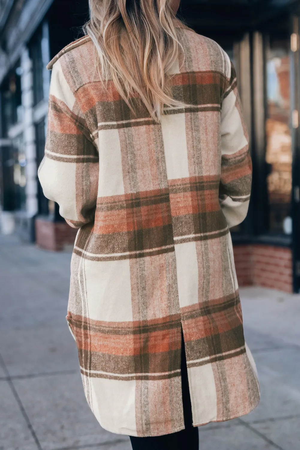 Brown Plaid Print Flap Pockets Long Shacket