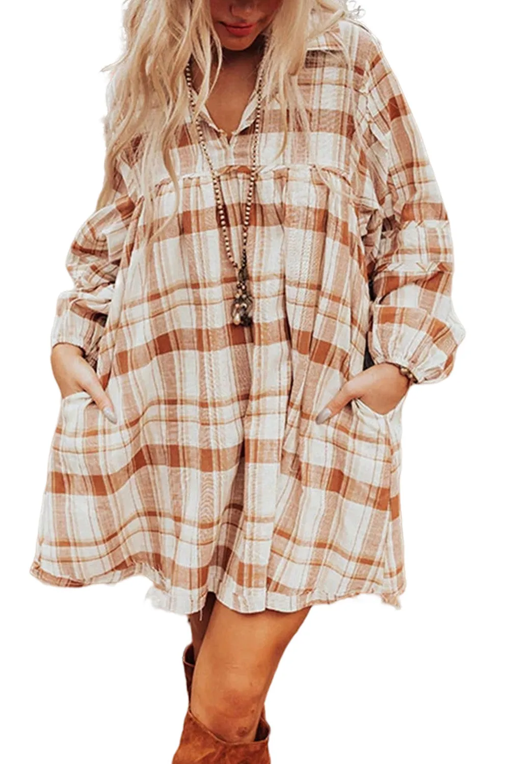 Brown Plaid Print Side Pockets Frilled Babydoll Mini Dress