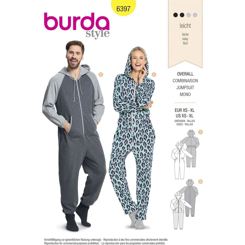 Burda Style Pattern B6397 Unisex Hodded Jumpsuit