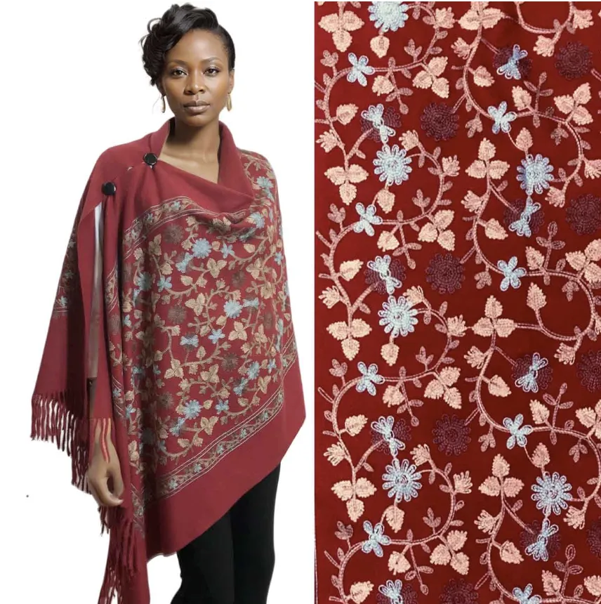 Burgundy Floral Embroidered Button Shawl