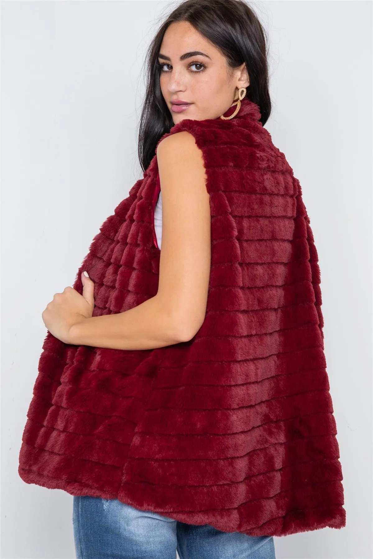 Burgundy Sleeveless Faux Fur Soft Vest