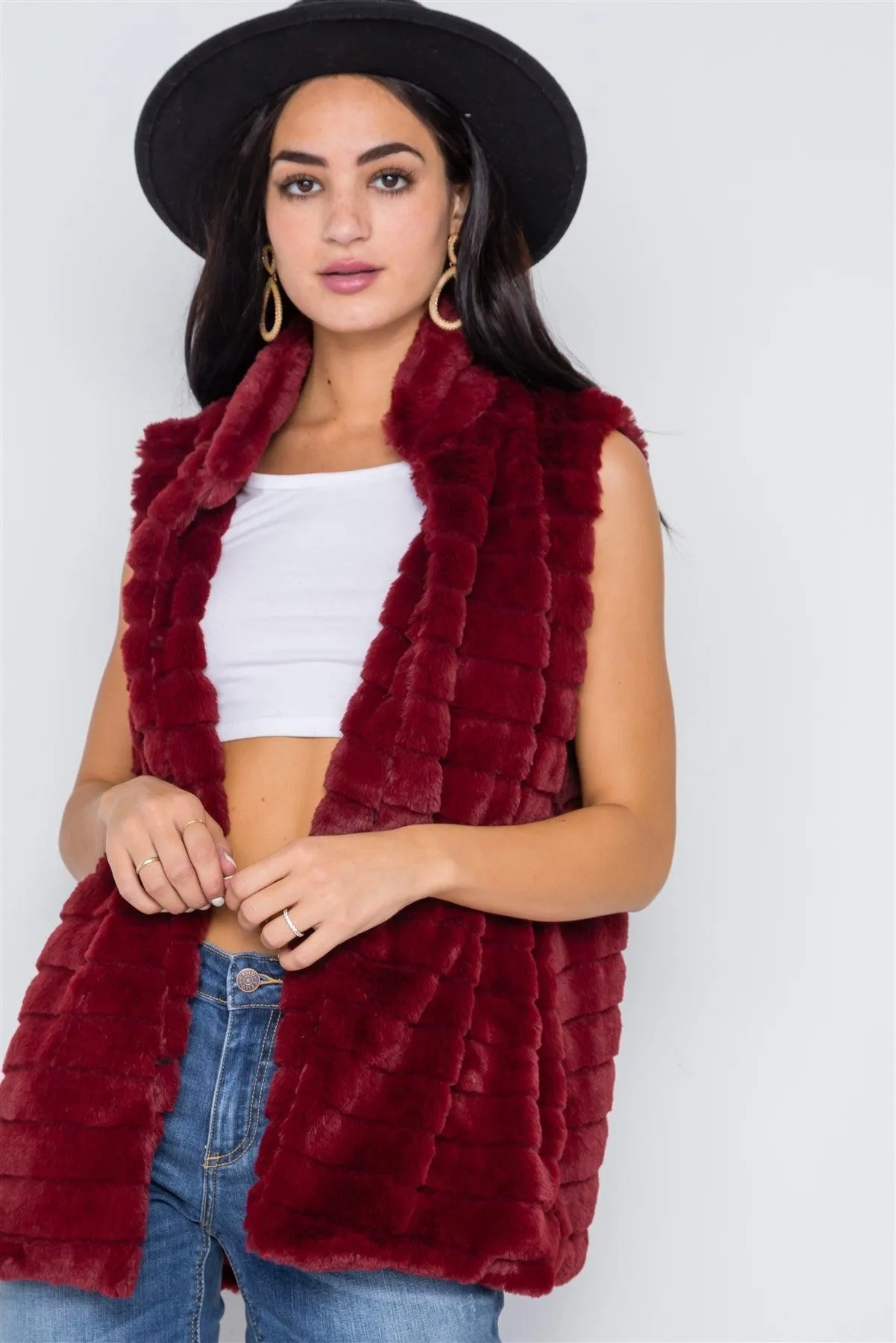 Burgundy Sleeveless Faux Fur Soft Vest