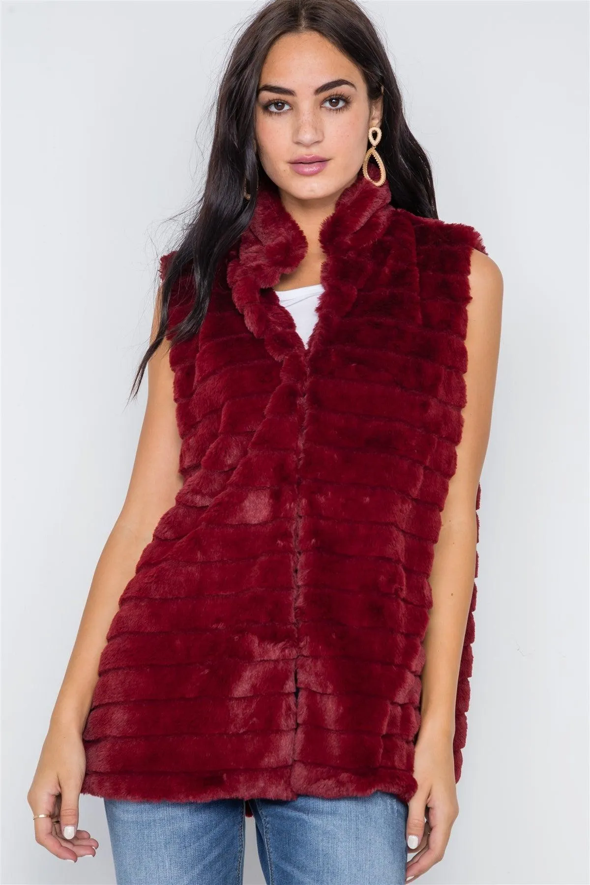 Burgundy Sleeveless Faux Fur Soft Vest