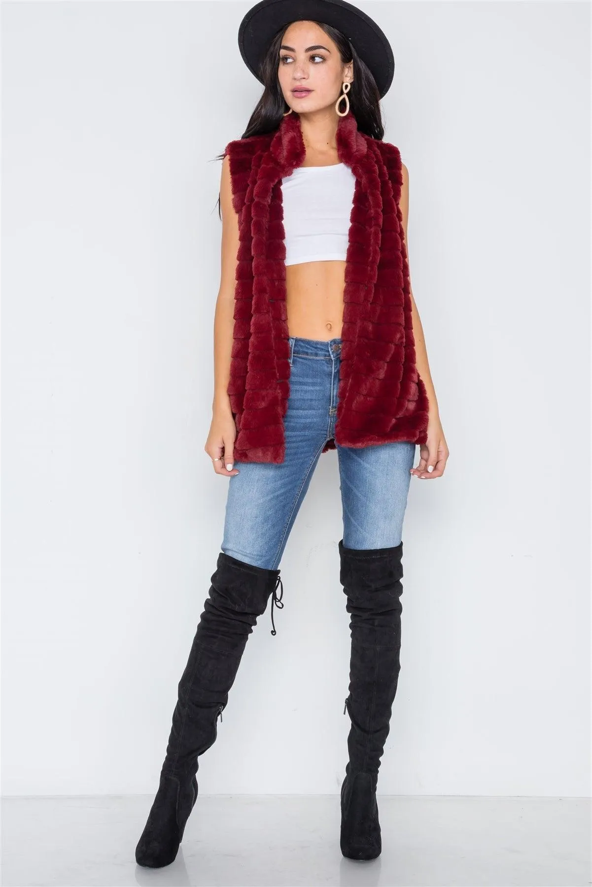 Burgundy Sleeveless Faux Fur Soft Vest