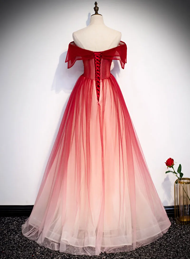 Burgundy Tulle Long Prom Dress, Off the Shoulder Evening Dress