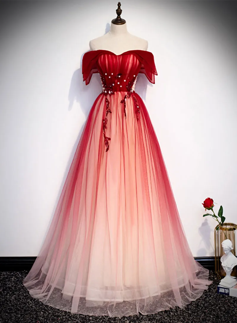 Burgundy Tulle Long Prom Dress, Off the Shoulder Evening Dress