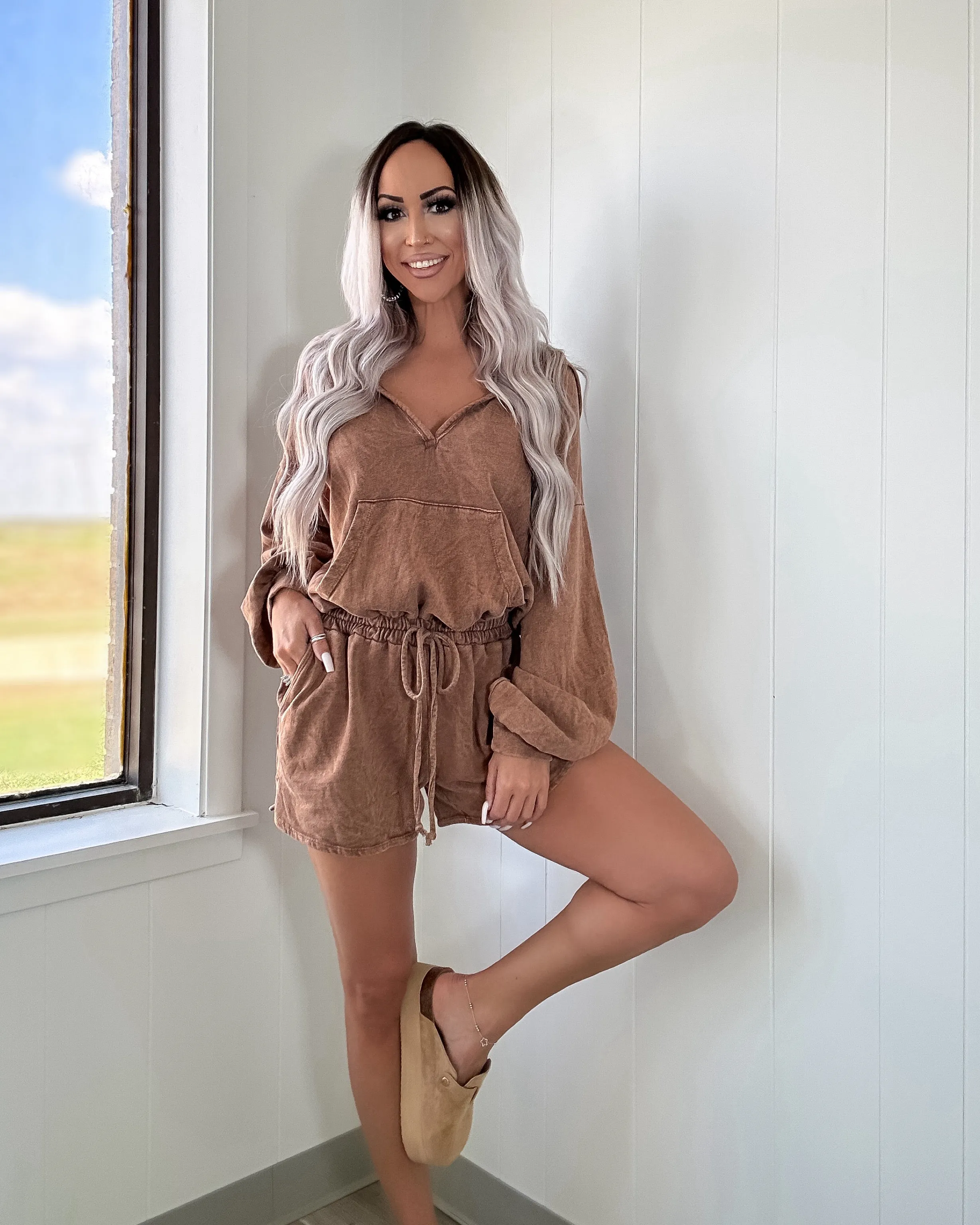 Cabin Fever Hooded Mineral Wash Romper - Camel