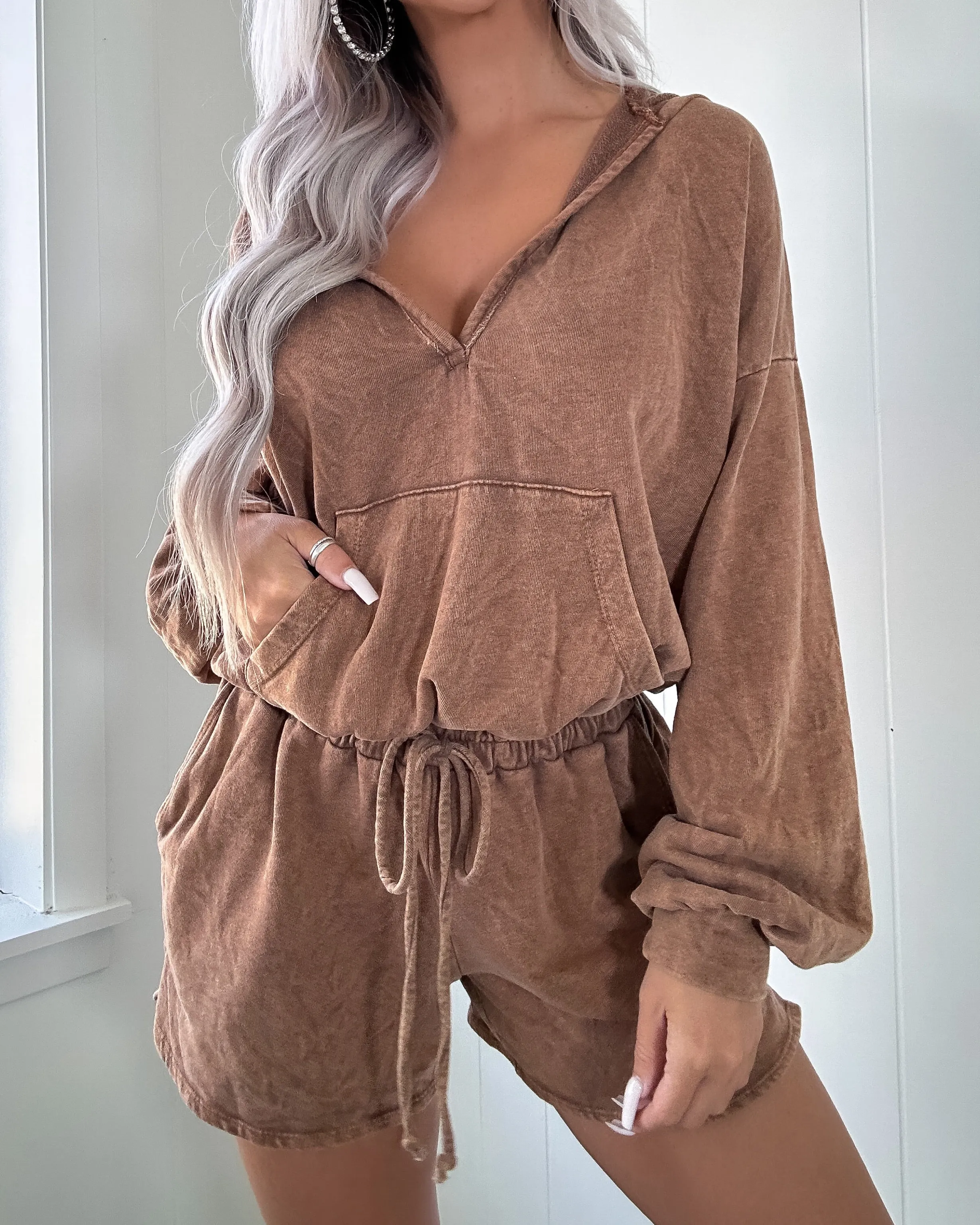 Cabin Fever Hooded Mineral Wash Romper - Camel