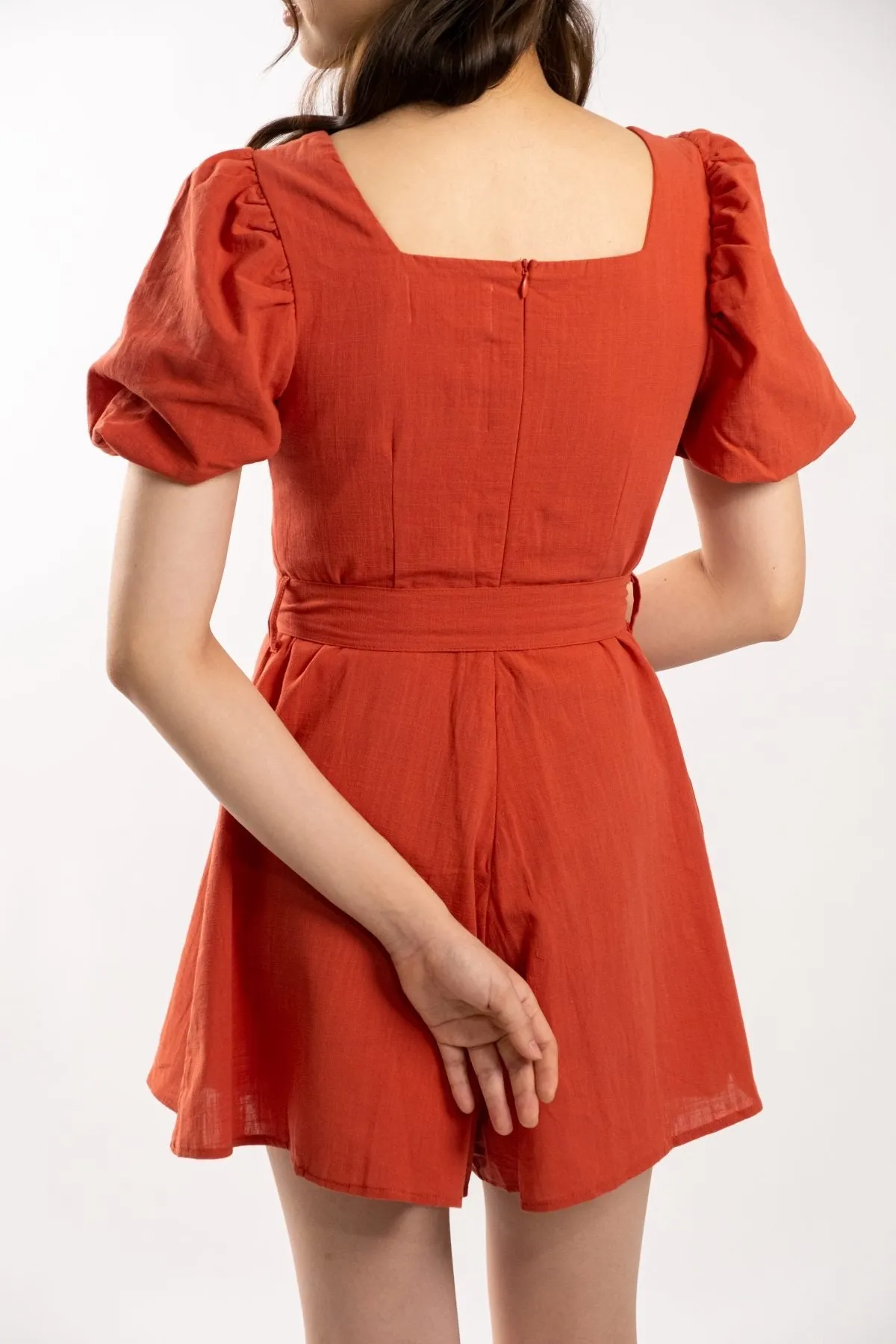 Cade Puff Sleeve Romper (Brick Red)