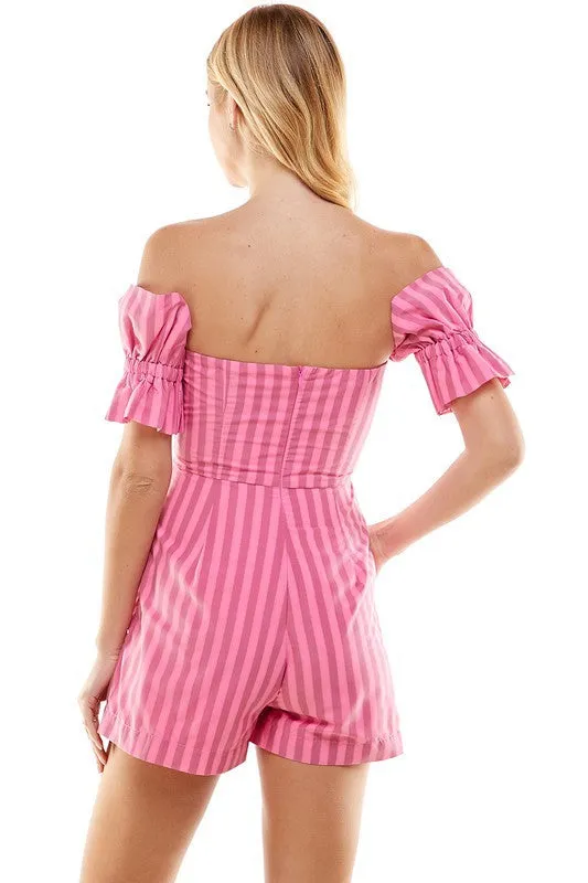 Candie Two Toned Pink Striped Off Shoulder Romper