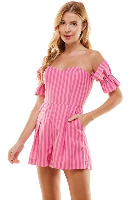 Candie Two Toned Pink Striped Off Shoulder Romper