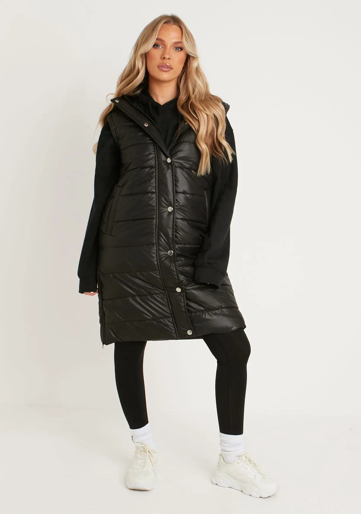 Cathy Black PU Longline Gilet Puffer Jacket