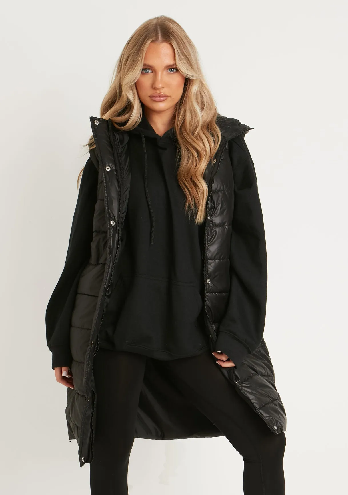 Cathy Black PU Longline Gilet Puffer Jacket