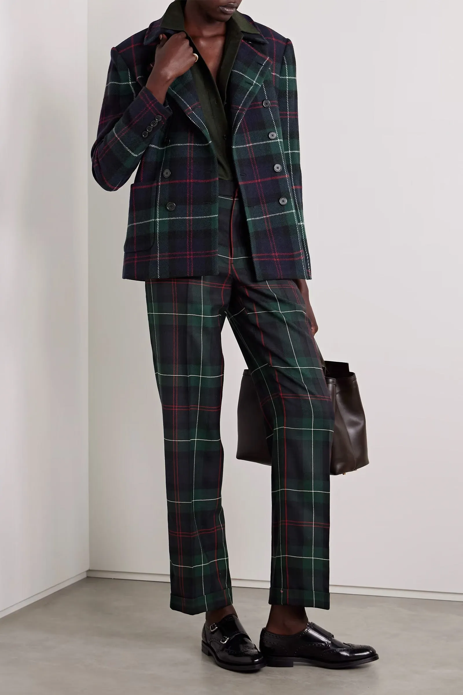 Checked double-breasted wool-blend flannel blazer