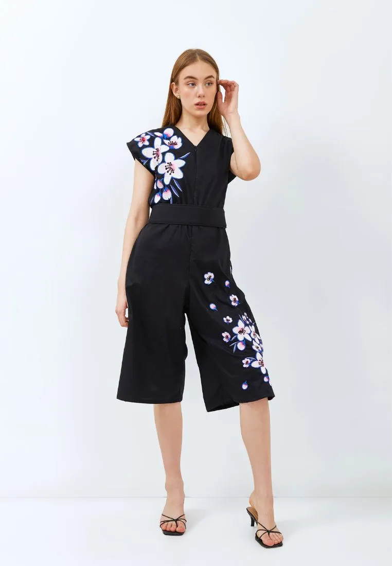 CHERRY BLOSSOM Embroidery Black Jumpsuit