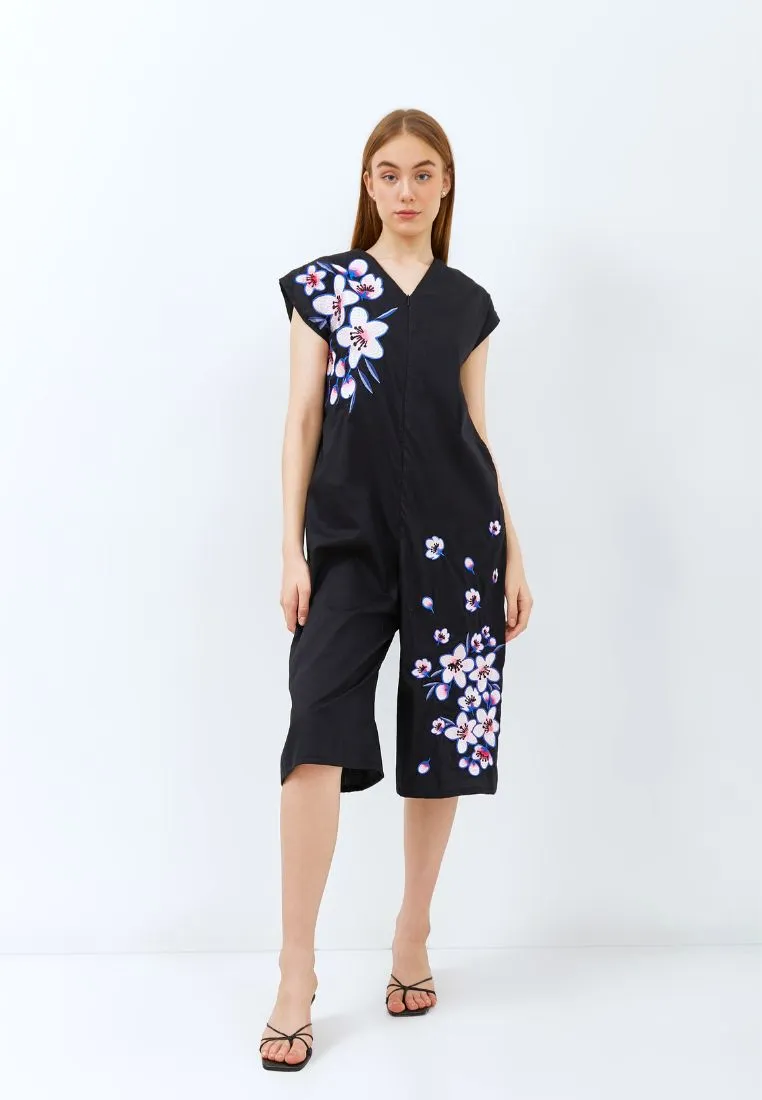 CHERRY BLOSSOM Embroidery Black Jumpsuit