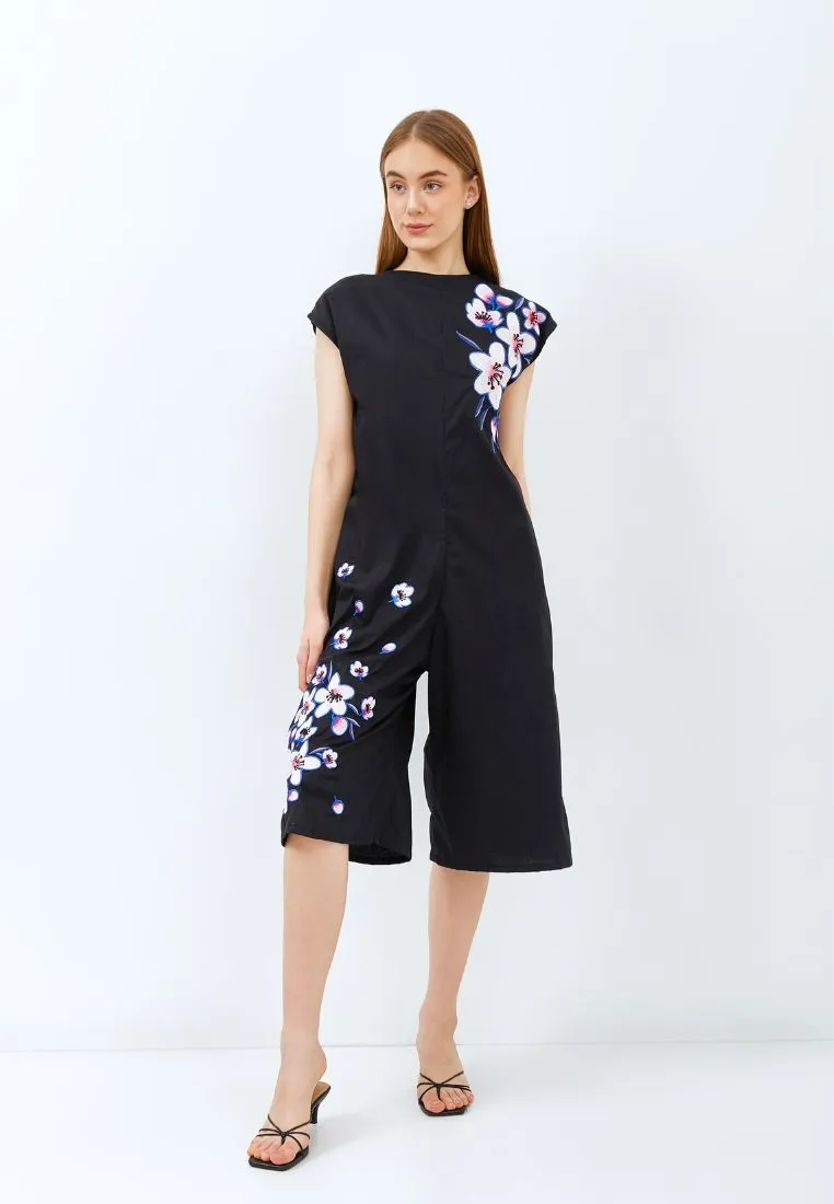 CHERRY BLOSSOM Embroidery Black Jumpsuit