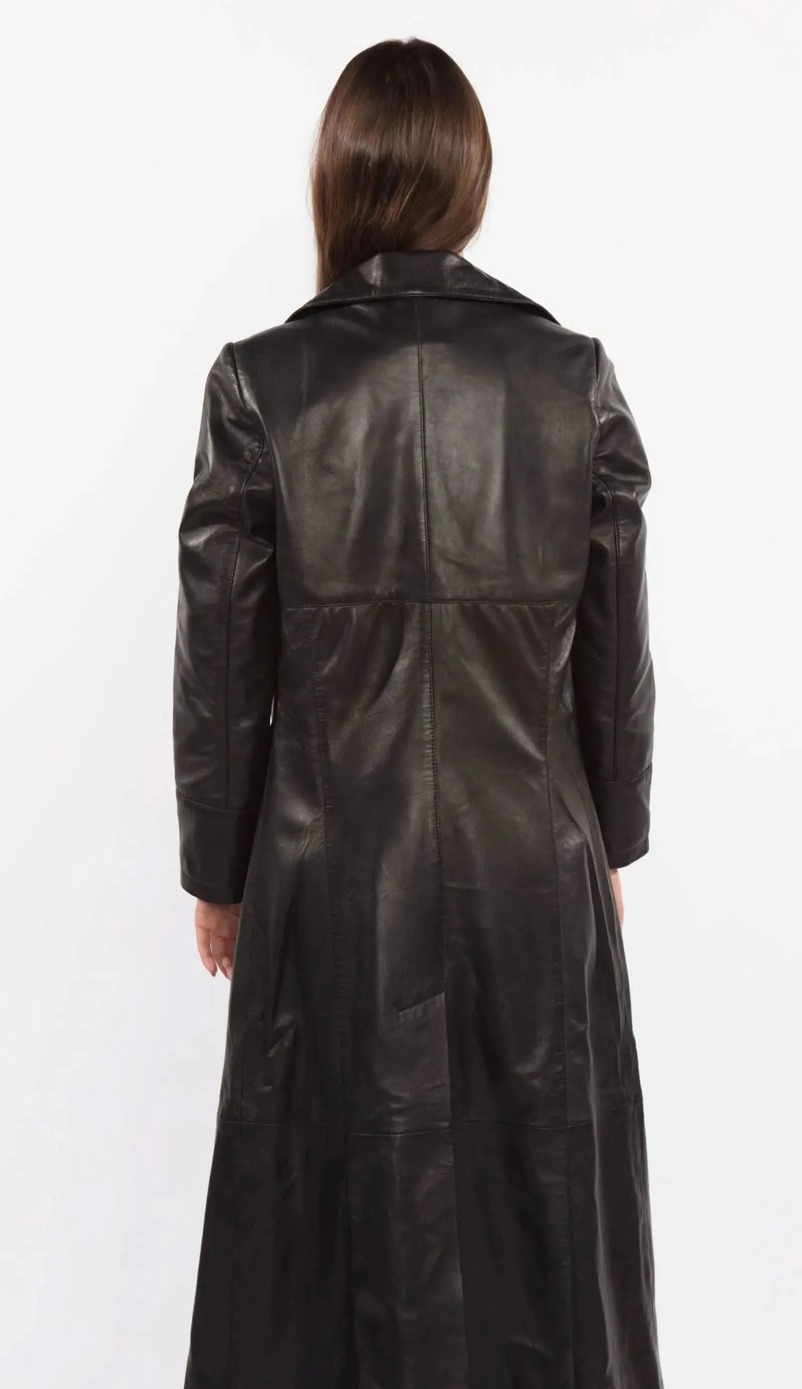 Chic Women's Long Black Leather Trench Coat with Elegant Three-Button Design