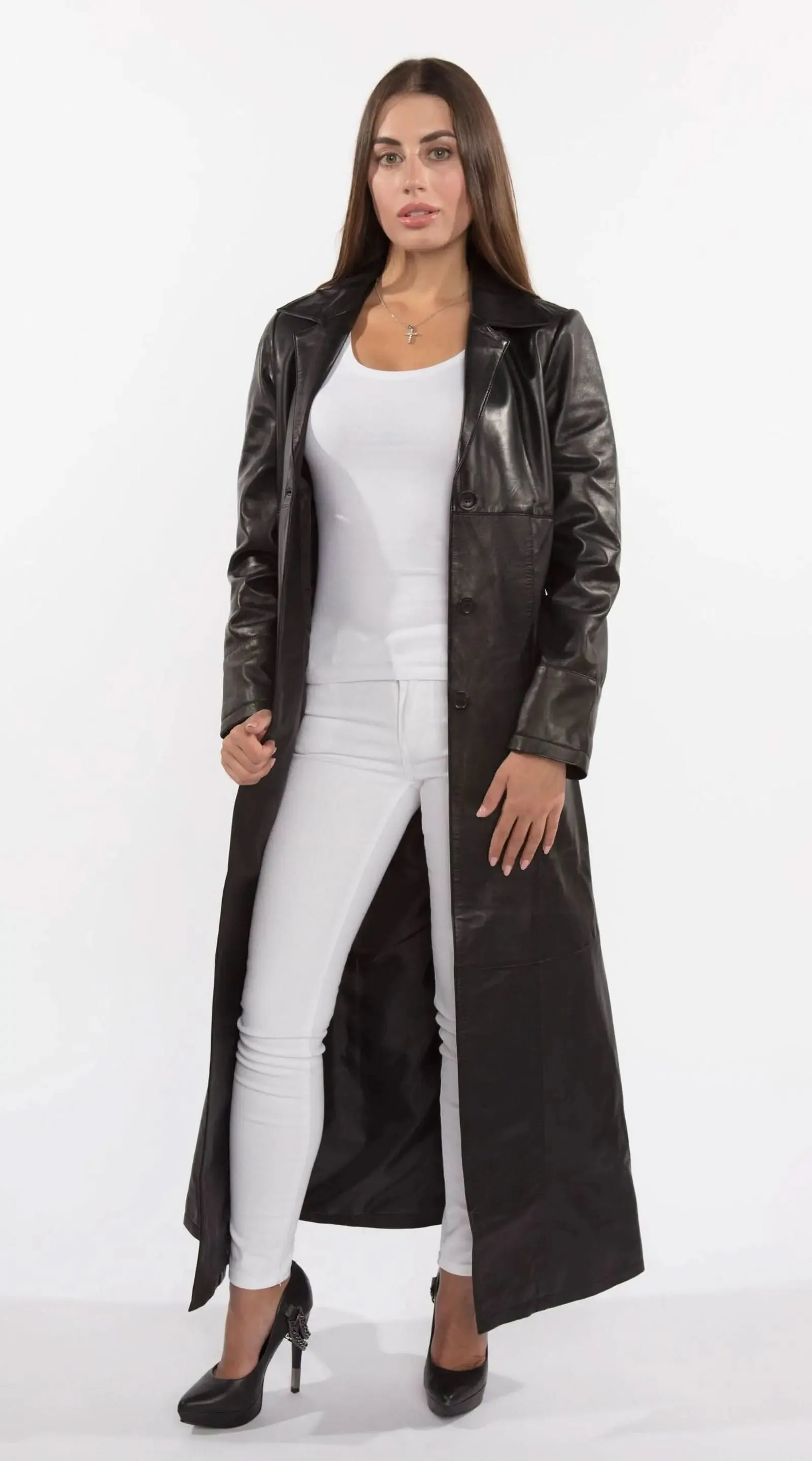 Chic Women's Long Black Leather Trench Coat with Elegant Three-Button Design