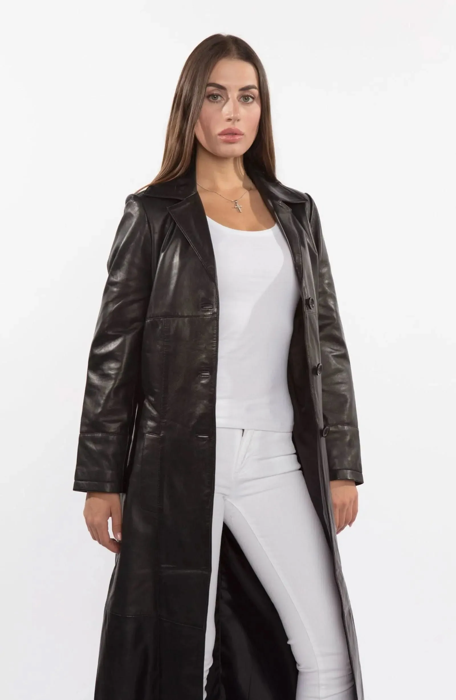 Chic Women's Long Black Leather Trench Coat with Elegant Three-Button Design