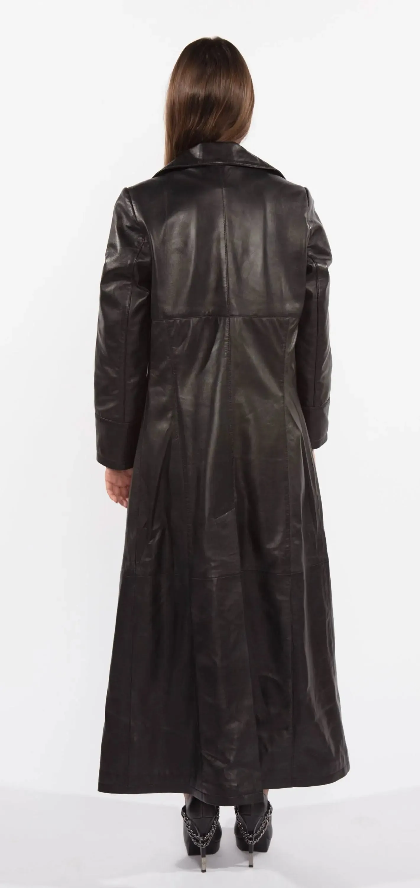 Chic Women's Long Black Leather Trench Coat with Elegant Three-Button Design