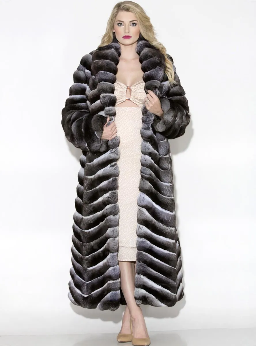 Chinchilla Fur Coat with Shawl Collar, Skin on Skin Side