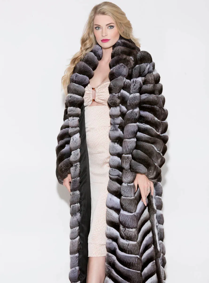 Chinchilla Fur Coat with Shawl Collar, Skin on Skin Side