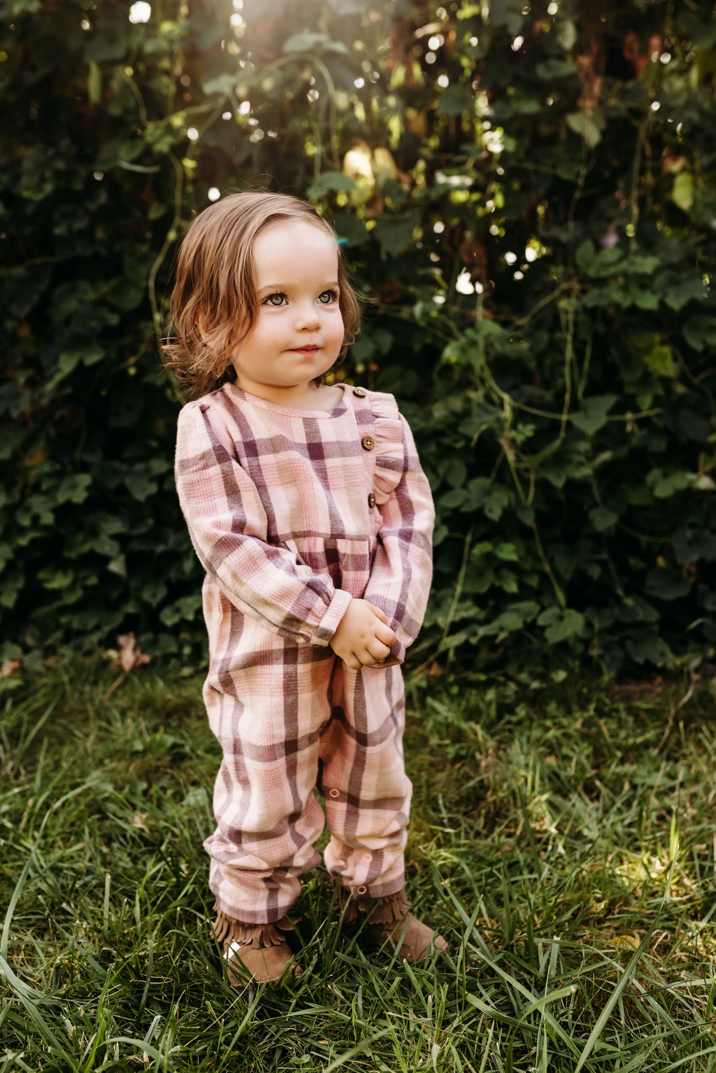 City Mouse Button Side Button Romper - Rosewood Flannel