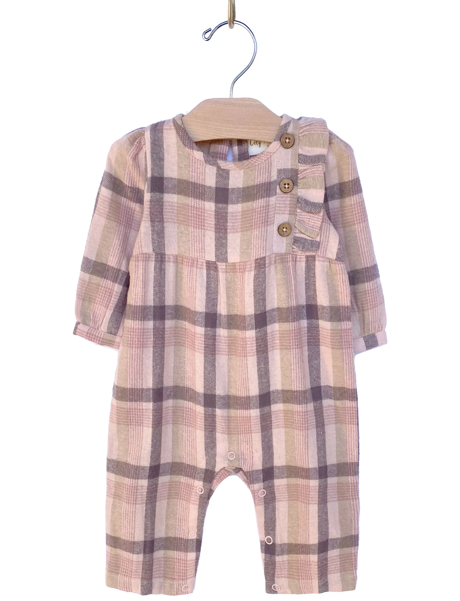 City Mouse Side Button Flannel Romper - Rosewood