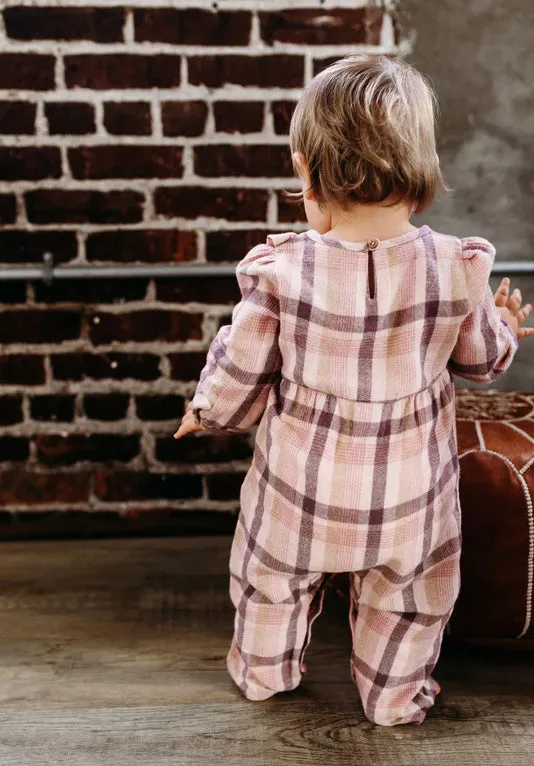 City Mouse Side Button Flannel Romper - Rosewood