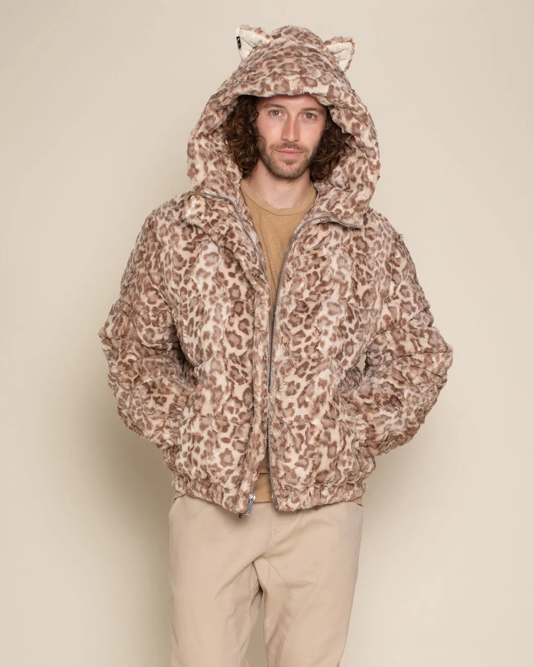 Classic Men's Puffer Jacket With Hood | Tan Leopard