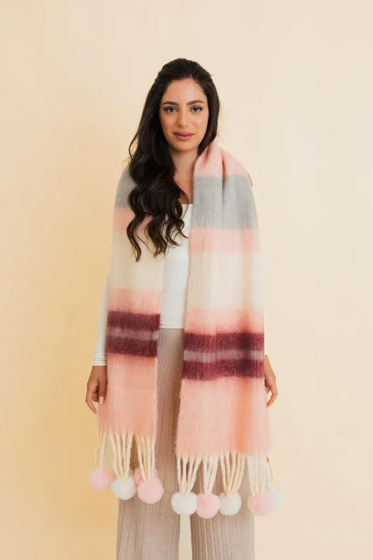 Contrast Color Stripes Chunky Pom Tassel Scarf