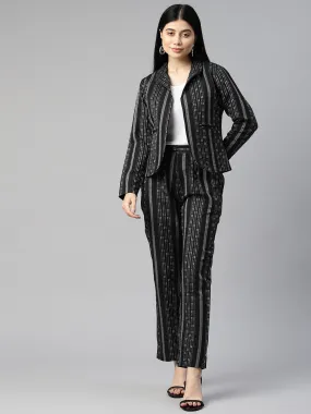 Cottinfab Women Striped Cotton Blazers & Trousers Co-ord Set