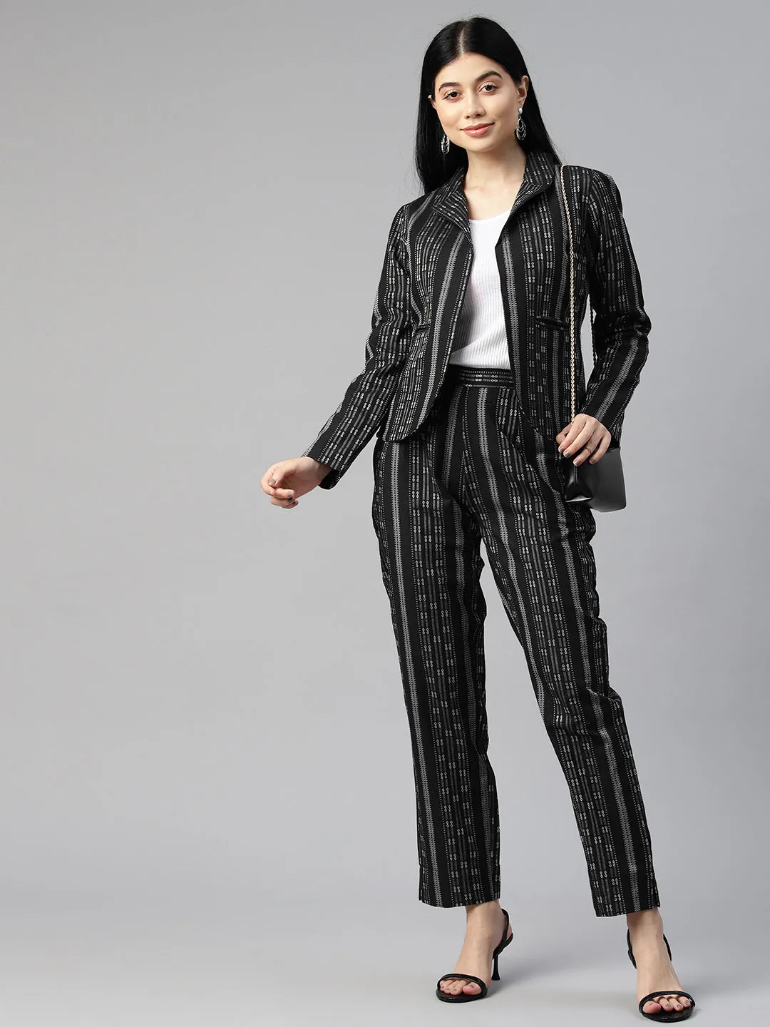 Cottinfab Women Striped Cotton Blazers & Trousers Co-ord Set