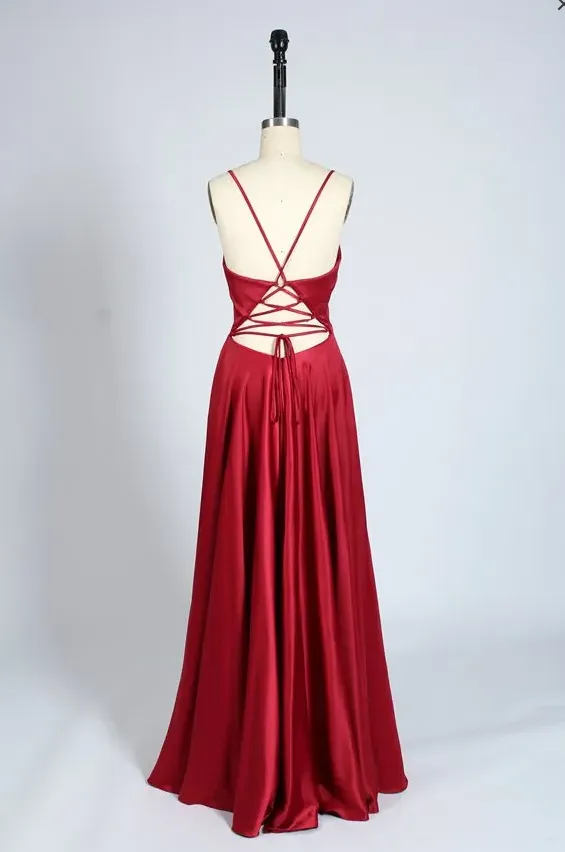 Criss-cross Back Dark Red Sexy Slit Prom Dress