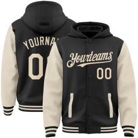 Custom Black Cream Bomber Full-Snap Varsity Letterman Two Tone Hoodie Jacket