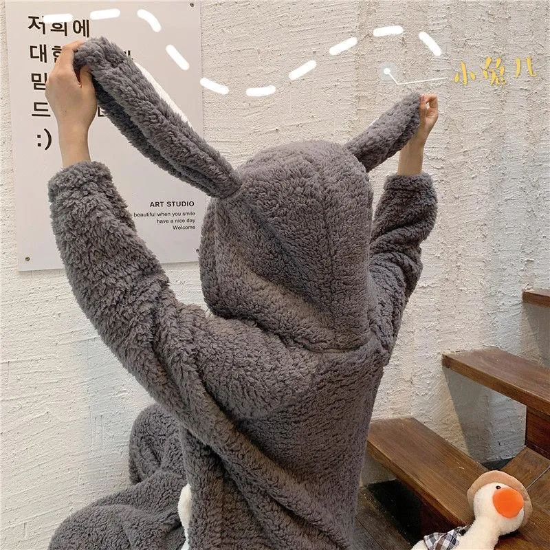 Cute Bunny Long Ears One Piece Warm Hooded Thick Girls Nightwear House Ladies Sleepwears Winter PJ onesie gift rabbit Flannel romper