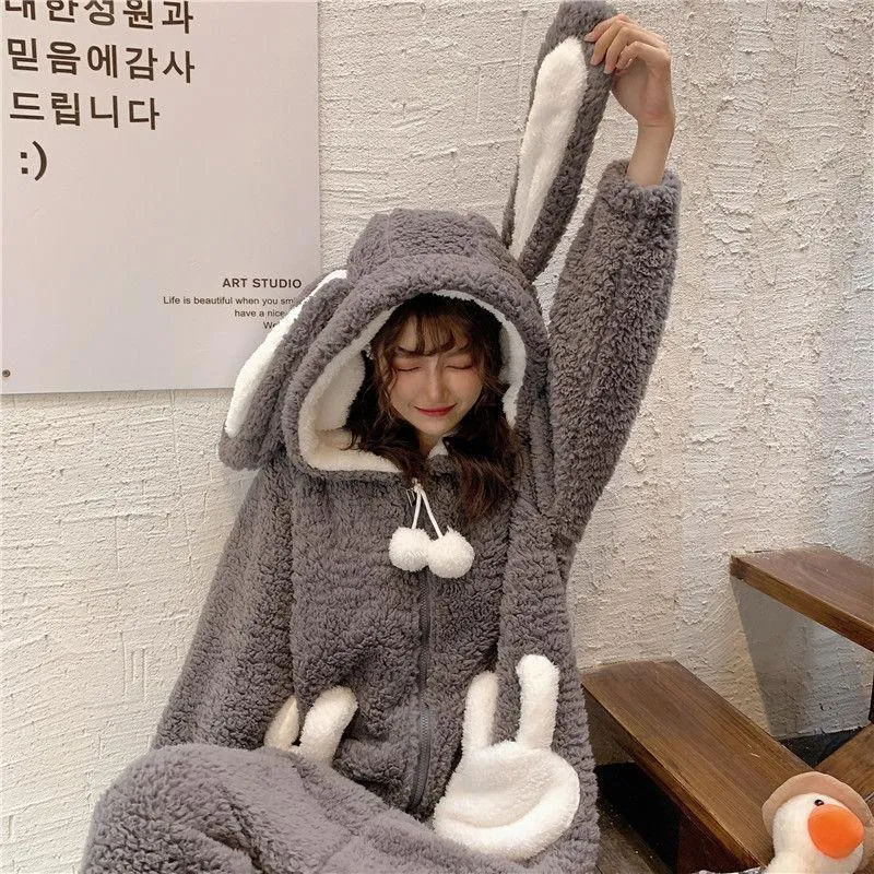 Cute Bunny Long Ears One Piece Warm Hooded Thick Girls Nightwear House Ladies Sleepwears Winter PJ onesie gift rabbit Flannel romper