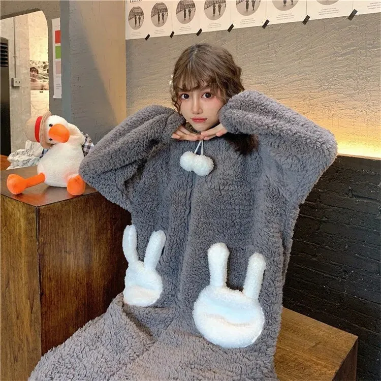 Cute Bunny Long Ears One Piece Warm Hooded Thick Girls Nightwear House Ladies Sleepwears Winter PJ onesie gift rabbit Flannel romper